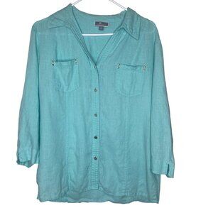 JM Collection Linen Top Womens Size 14 Teel Button Up 3/4 Sleeves Studded Pocket